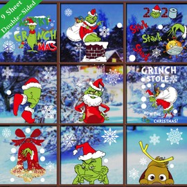 G-rinch Christmas Window Stickers, 9 Sheets Reusable Christmas Window Decals, Christmas Window Decorations for Office Home School Party Supplies