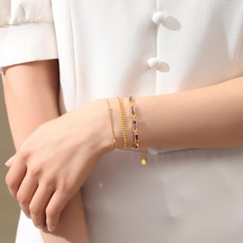 GexTyde Gold Birthstone Bracelet for Women, 18K Gold Plated Layered Jewelry Bracelet Set, Women Dainty Stackable Bracelets Link Paperclip Chain Valentines Day Gift for Women, Small, Brass, zircon