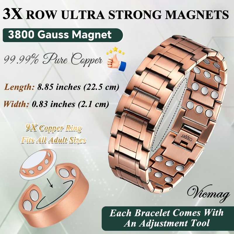 Vicmag Copper Magnetic Bracelet for Men, 3X Strength Magnets, Pure