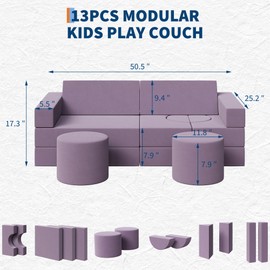 Kids Modular Play Couch, 13 Pcs Toddler Couch With Washable Velvet Covers, Building Fort Toddler Sofa Set, Convertible Foam Floor Chair for Playroom, Living Room