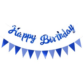 Festicreamy 2PCS Blue Happy Birthday Banner Sign - Happy Birthday Bunting Banner Garland for Women Girls Baby Kids Baby Shower Party Decorations Bunting Flag Birthday Party Supplies