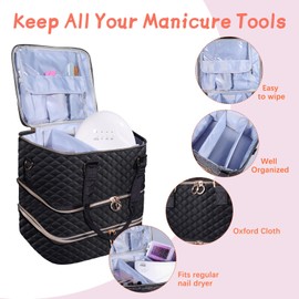 Nail Polish Organizer Case,3 Layers Nail Organizers and Storage With Detachable Holds 84 Bottles Nail Polish & Nail Lamp Large Nail Polish Organizer Bag ,for Manicure Tools, Nail Polish Kit (Black)