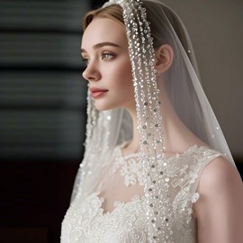 AEDNX Single Fingertip Length Bridal Tulle Veil with Four Rows of Delicate Handmade Beads and Pearls, and Metal Comb, White