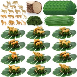 Silipull 85 Pcs Jungle Party Decorations Set Includes 24 Safari Animals 48 Tropical Palm Leaves 12 Wood Slices 1 Artificial Moss Table Centerpieces for Wedding Hawaiian Luau Jungle Safari