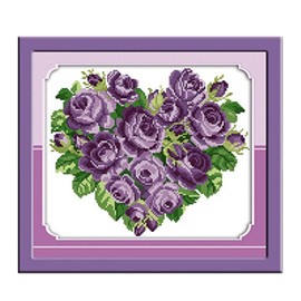 CaptainCrafts Cross Stitch Kits Stamped Cross Stitch Printed 11CT Fabric Cross Stitching DIY Art DMC Needlecrafts Embroidery Kit for Adults Beginner (Stamped, Rose Heart Purple)