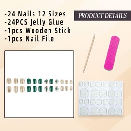 Jremg Christmas Press on Nails Short Square Fake Nails with Gold Glitter Design Cute Xmas Gift Box False Nails Glossy Green Winter Full Cover Stick on Nails for Women Girls Holiday Manicure 24Pcs
