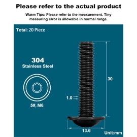 Drenky 20 Pcs Flanged Button Head Screws 304 Stainless Steel Black Pan Head Screws M6 X 30mm Fully Thread Machine Screws with Flat Head, Rustproof, Rounded Head Screws with Flange And Hexagon