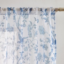 Laura Ashley Summer Palace Window Curtains with Rod Pocket, 84-inch Length, 4 Panels Set, Sheer Light Filtering, Blue
