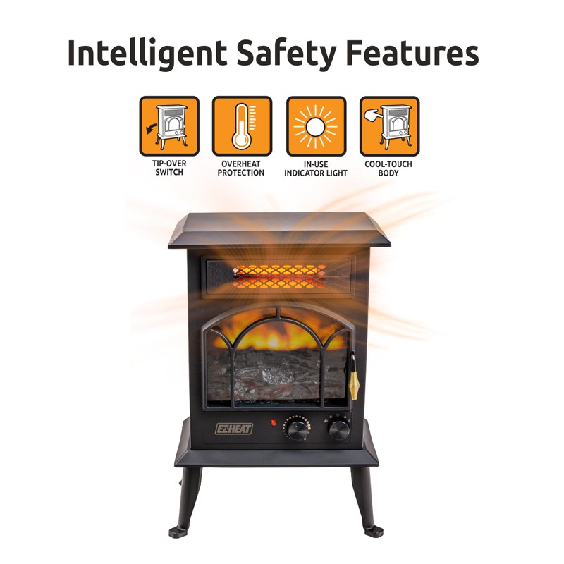 EZ-HEAT Electric Fireplace Space Heater with Flame Effect, Adjustable Thermostat,