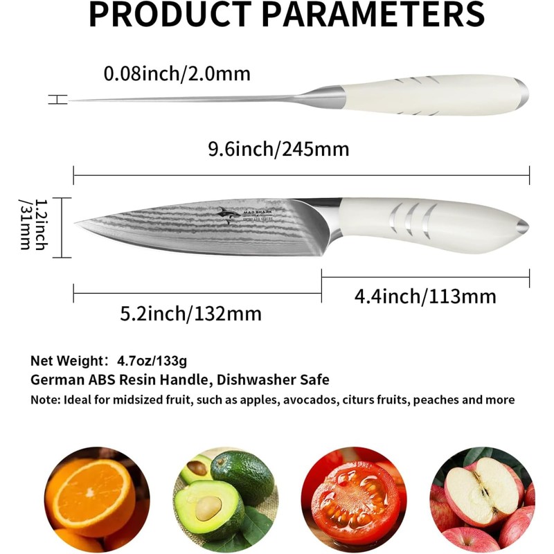 MAD SHARK 5 Inch Ultra Sharp Fruit Knife, Damascus Steel,