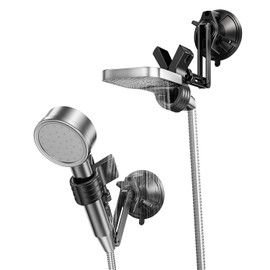 Soporte de cabezal de ducha ajustable, soporte de varilla de ducha de mano con ventosa fuerte de gran tamaño con rotación de 360° y brazo telescópico, soporte de pared para caravana/baño, sin