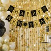 Happy New Year Banner Decorations Pre Assembled Glitter Gold Black