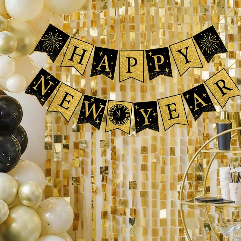 Happy New Year Banner Decorations Pre Assembled Glitter Gold Black