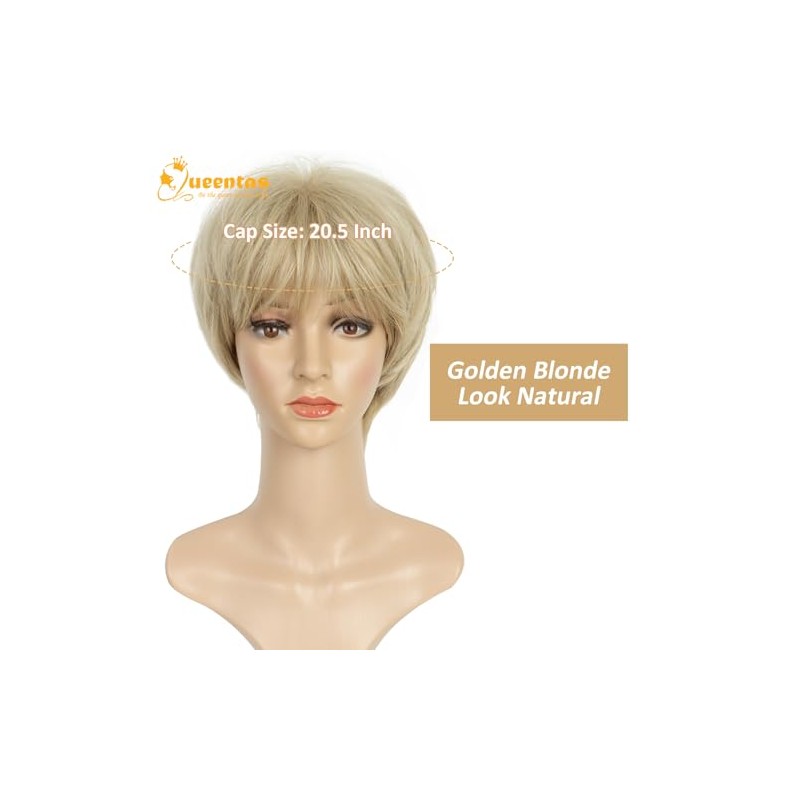 QUEENTAS Peluca Rubia Corta, Pelucas De Corte Pixie Para Mujeres