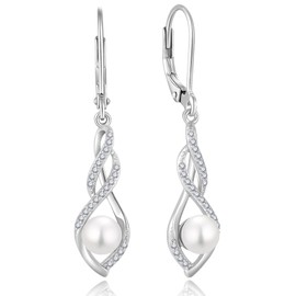 YL Infinity Twisted Earrings for Women, Solid Sterling Silver 18K White Gold Plated Birthstone Dangle Drop Leverback Earrings Jewelry, Sterling Silver, Pearl