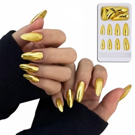 Vonrui Metallic Gold Press On Nails Long Medium Coffin Silver Fake Nails Red Blue Pink Acrylic Nail Tips Glue on Nails (Gold)
