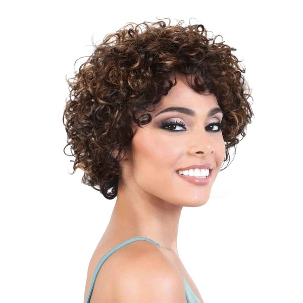 Highlight Chocolate Brown Mix Medium Auburn Short Curly Wigs 150% Density Human Hair Wigs Real Human Hair Wig for American African