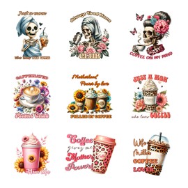 9pcs Coffee Mom Flower Skull Iron On Decals for Clothing Iron on Heat Transfer Patches Vinyl Decals Appliques for Clothes T Shirts Bag Pillow Covers