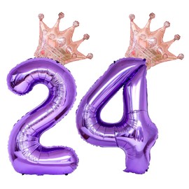 40 Inch Rose Gold Crown Number 24 Balloons, 24th Birthday Balloons for Men Women, Purple 24th Celebration Decor Happy 24th Birthday Party,24th Party Decoration Wedding Anniversary Events Supplies