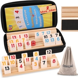 Doreimi Upgraded Rummy Cube Game Set 4 Players with 4 Wooden Holders and 108 Rummy Melamine Tiles, Travel Family Board Game for Adults and Kids