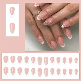 White French Tip Press on Nails with Silver Glitter Designs Short Almond Shaped Fake Nails Sparkly False Nails Pink Glossy Acrylic Nails French Artificial Nails for Women and Girls Decoration 24pcs