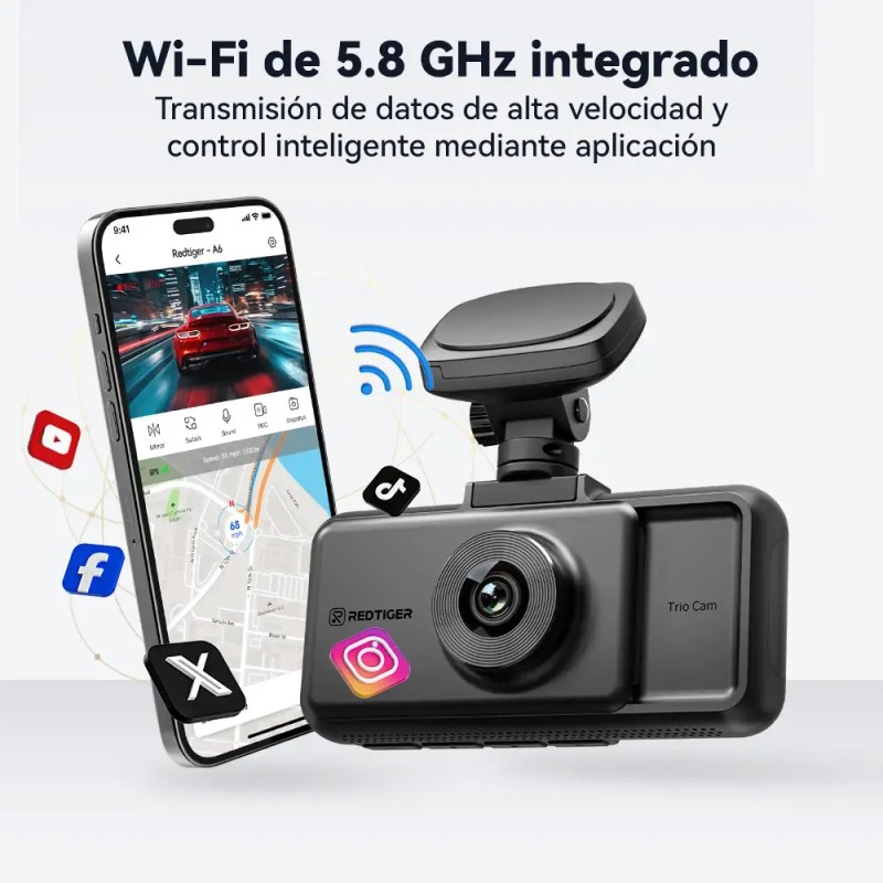 Cámara Redtiger A6 para Auto 4K Triple Cámara Wifi Pantalla