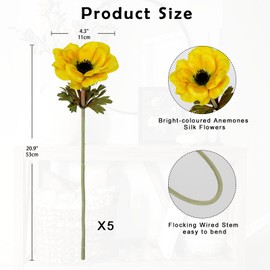 5Pcs Anemone Flowers Artificial Silk Flowers 20.9" Yellow Faux Flowers Realistic Fake Flowers for Decoration Faux Poppies Anemone Artificial Flowers Bulk for Vase Centerpieces Home Wedding Bouquet