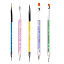 Nagelpinsel, 5 Stück Nagelpinsel, Nail Art Pinsel-Set, Doppelkopfpinsel, mit Griff mit Strass und Nylonborsten, Liner Malerei Pinsel Set für DIY Zeichnung Dekorationen