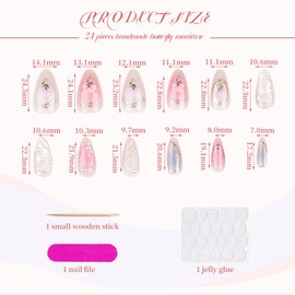 TELAIN 3D Handmade Press-on Nails with Charms, Almond Shaped Artificial Nails, Cute French Nails with Butterfly, Flower, Bow, Beads for Women, Acrylic Nails