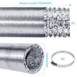 Enenes Heavy Duty 4-Inch Flexible Dryer Vent Hose, 25-Foot High-Density 6-Layer Fireproof Aluminum Foil Ducting Kit with 2 Clamps for Tight Spaces