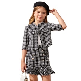 WDIRARA Girl's 2 Piece Outfits Plaid Tweed Half Sleeve Jacket and Ruffle Mini Skirt Set Black and White 9Y