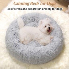 Calming Small Dog Bed, Donut Fluffy Anti-Anxiety Round Washable Cute Bed, Plush Cozy Cuddler Warming Soft Comfort Pet Bed for Small Medium Dogs Cats, 28inch,Light Grey