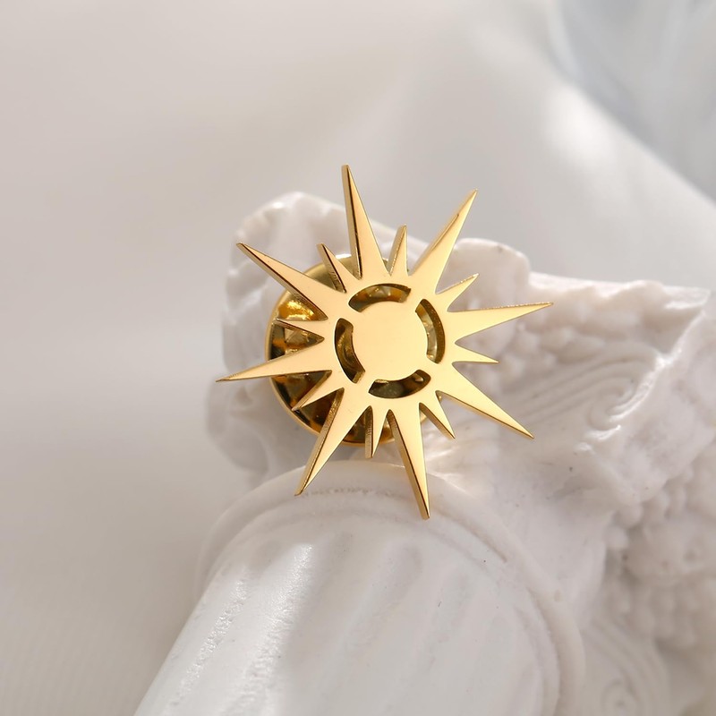 Gold Plating Sunshine Sun Stainless Steel Brooch for Men Shirt