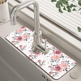 Pink Rose Floral Kitchen Sink Splash Guard Mat Absorbent Fast Drying Mat Faucet Draining Mat Sink Splash Guard Behind Faucet Drip Catcher for Kitchen Bathroom 5.5"×15"