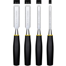 GREBSTK 4PCS Wood Chisel Set, Chrome Vanadium Steel Beveled Blades, 25° Pre-Sharpened Burr-Free Edge, Ergonomic Anti-Slip Handle with Blade Guards for DIY & Woodworking (1/4", 1/2", 3/4", 1")