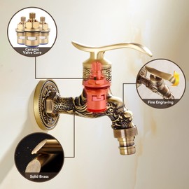 G1/2" Sink Faucet, Antique Brass Bathroom Taps Vintage Faucet Tap Wall Mount Washing Machine Faucet Mop Pool Garden Cold Taps