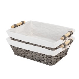 Rlosjin Wicker Storage Basket Waterproof Wicker Basket Hand Woven Wicker Blue Handle Food Storage Woven Storage Box, Gray 2 Pack with White Cloth Cover