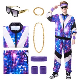 Ficlwigkis 80s 90s Outfit Men Women Disco Outfit Bad Taste Outfit Retro Tracksuit Men Women Jogging Suit with Headband Bracelets Necklaces Bracelet Glasses for Carnival (Blue, XXL)