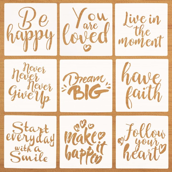 Inspirational Words Stencil Stencils Drawing Set, 9 Pieces Reusable Pattern Stencils, Drawing Stencils Children for DIY Crafts Painting on Wood, Stone, Metal Furniture and Wall Stencil
