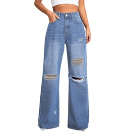 DLAYBGFA Distressed Wide Leg Jeans for Women High Waisted Loose Ripped Boyfriend Jeans Y2K Stretch Denim Pants(Light Blue,XXL)