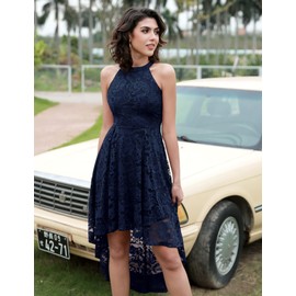 Dressystar Women Halter Lace Wedding Guest Dress Hi-Lo Cocktail Party Bridesmaid Formal Dresses Navy L