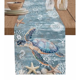 Lsrtoss Blue Turtle Coastal Table Runner 48 Inches Long, Summer Beach Nautical Farmhouse Dress Scarves, Ocean Starfish Coral Dining Tablerunner for Coffee Table/Kitchen Island/Party Décor, 13" x 48"