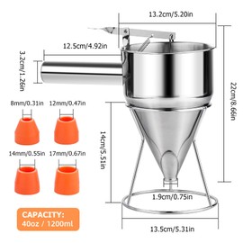 19 mm Hole Stainless Steel Baking Funnel, Pancake Dough Dispenser, Piston Funnel, Baking Funnel, Stainless Steel Dough Scoop, Stainless Steel Dough Dispenser with Rack, for Home Kitchen Bakery
