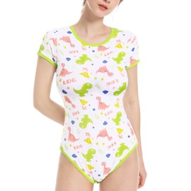 Landofgenie Women's Onesie Pyjamas Cotton Bodysuit Cute Print Onesie Sleepwear Tops Women's Dinosaur Onesie, White