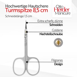 OTTO HERDER® Cuticle Scissors - Extra Sharp Cuticle Scissors for Cutting Protruding Cuticles 8.5 cm with Golden Screw - Cuticle Scissors Tower Tip Extra Fine with 1.5 cm Large Sharp Edge