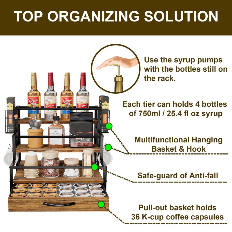 Coffee Syrup Organizer Rack, 4-Tier Syrup Bottle Holder Stand with
