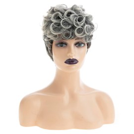 Pixie Cut Grey Wigs for Old Women Synthetic Short Curly Gray Hair Wig