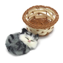 Coolayoung 2Pcs Sleeping Cat in Basket Doll Toy, Mini Kitten in Woven Basket with Meows Sounds Decor for Office Desk Hand Toy Gift for Kids Boys Girls