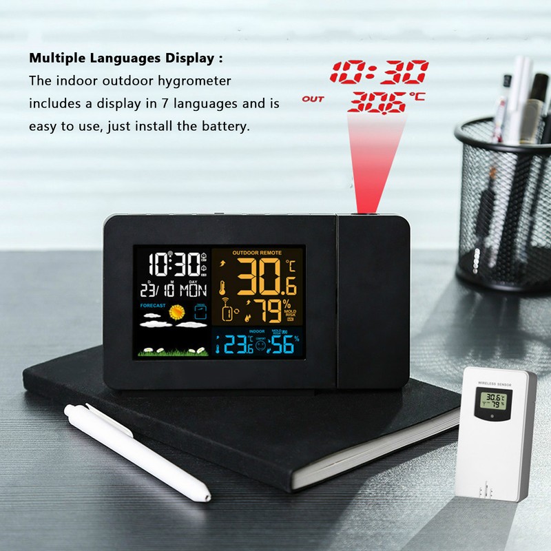 Indoor Outdoor Thermometer 60m Transmission Clock Projection Function Temperature Prediction