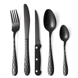 30 Pcs Black Hammered Silverware Set Service for 6,with Steak Knives Stainless Steel Flatware Set,Mirror Cutlery Utensil,Durable Kitchen Tableware,Ripple Teardrop Fork Knife Spoon,Dishwasher Safe